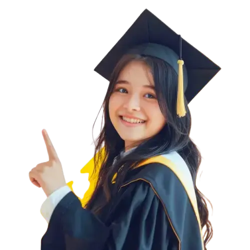 Smiling graduate student pointing up, representing scholarship achievement.